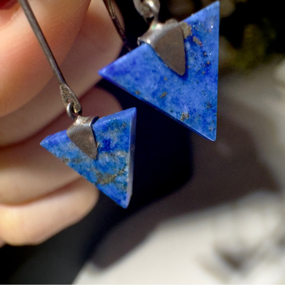 Vintage Handmade Lapis Lazuli earrings Solid 925 Sterling Silver. Long drops